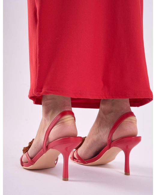 Public Desire Red Hot Red Pu 3d Flower Sling Back Mid Heels
