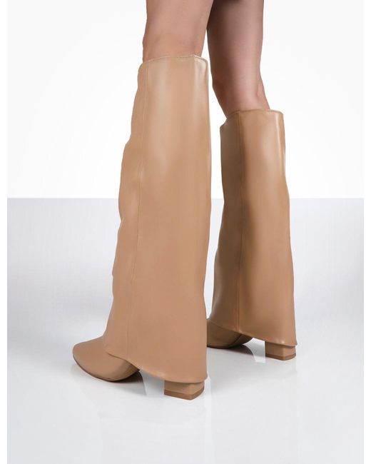 Public Desire Natural Zendaya Nude Pointed Toe Knee High Block Boots