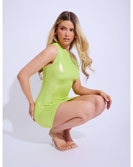 Public Desire Green One Shoulder Ruched Metallic Mini Dress Lime
