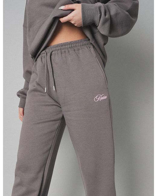 Public Desire Gray Kaiia The Label Logo Wide Leg Joggers Dark Grey With Pink