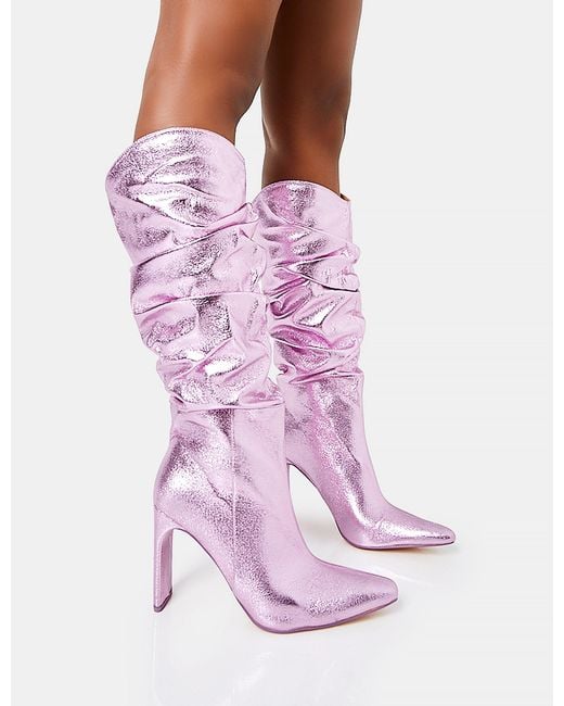 Public Desire Manhattan Metallic Pink Pointed Toe Knee High Narrow Block Heel Boots