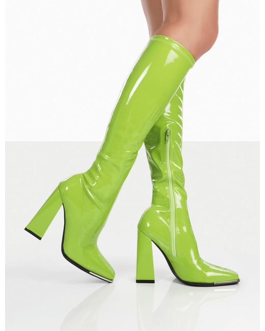 Public Desire Caryn Lime Patent Knee High Block Heeled Boots in Green | Lyst