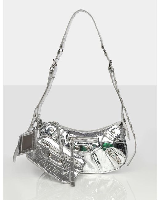 Public Desire The Trackstar Metallic Silver Studded Mirror Zip Detail Handbag