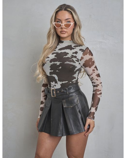 Public Desire Gray Long Sleeve High Neck Bodysuit Cow Print