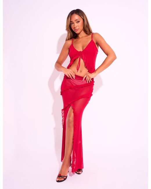 Public Desire Frill Detail Mesh Tie Front Top Co-ord Red
