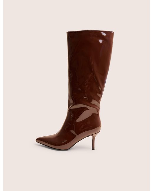 Public Desire Red Amped Chocolate Patent Pointed Toe Mid Heel Knee High Boots