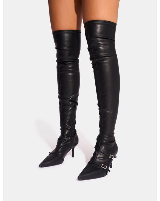 Public Desire Roulette Black Pointed Toe Diamante Buckle Mid Heel Over The Knee Sock Boots