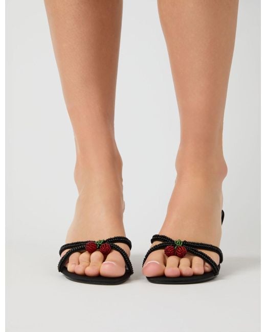 Public Desire Fructose Black Satin Beaded Cherry Charm Cross Over Mule Mid Heels