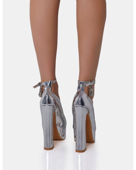Public Desire Brown Formation Silver Mirror Padlock Detail Chunky Square Peep Toe Platform Heels