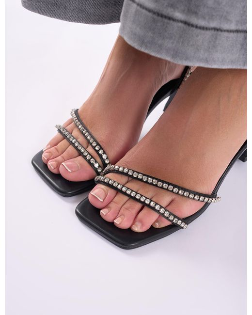 Public Desire Gray Razzle Dazzle Black Embellished Ankle Strap Mid Heels