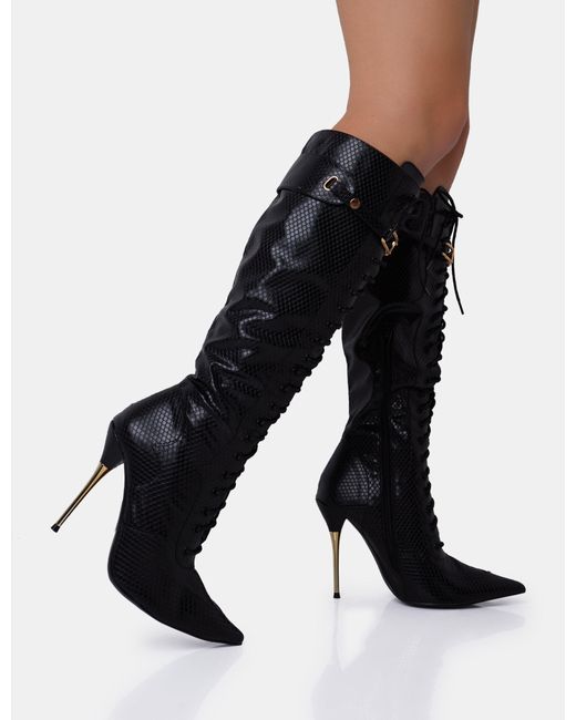 Public Desire White Infatuated Black Croc Lace Up Buckle Feature Pointed Toe Gold Stiletto Knee High Boots