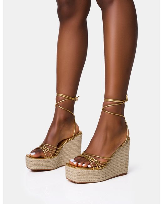 Public Desire Brown Heated Gold Strappy Lace Up Jute Wedges