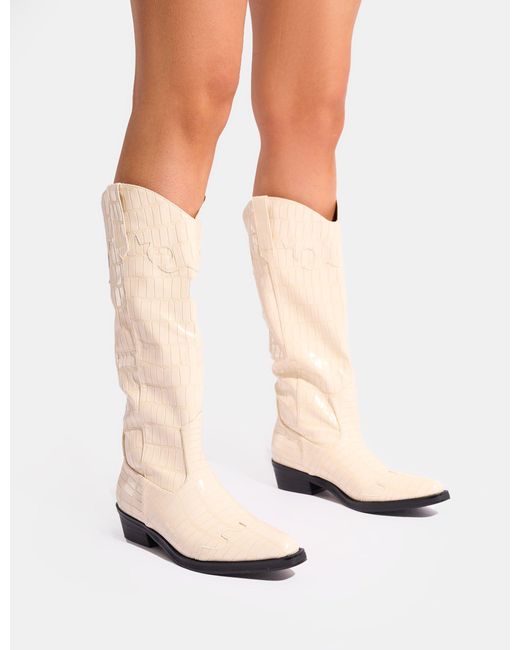 Public Desire White Apollo Cream Stitch Flat Western Knee High Boots