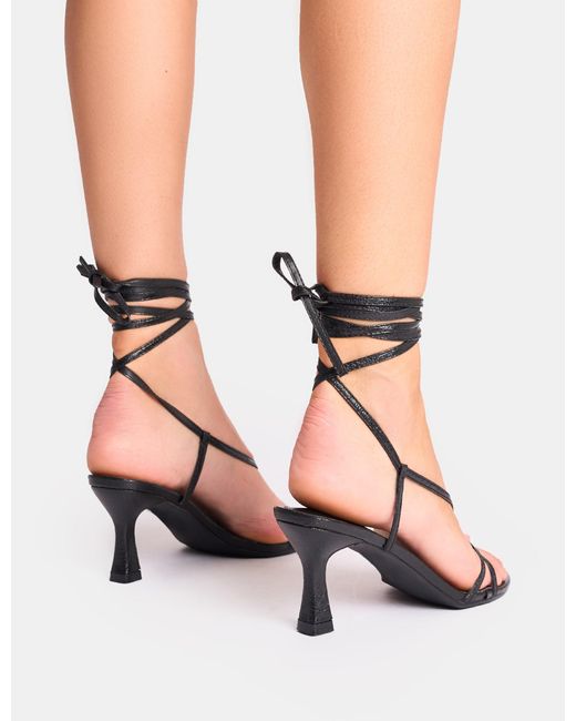 Public Desire Pink Irisa Cracked Black Lace Up Strappy Mid Heels
