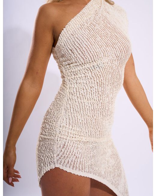 Public Desire White One Shoulder Textured Split Detail Midaxi Dress Cream
