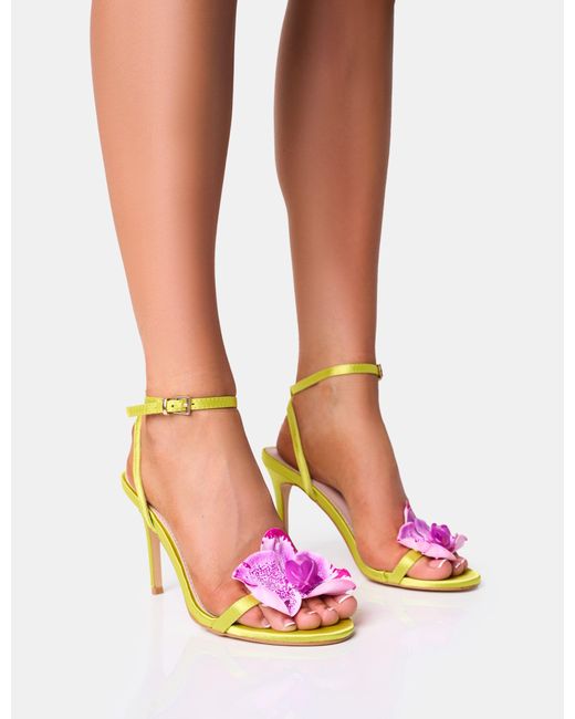 Public Desire Mica Yellow & Pink Orchid Barely There Stiletto Mid Heels