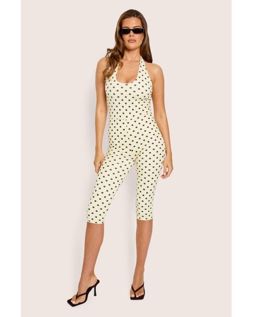 Public Desire Natural Halterneck Luxe Slinky Polka Dot Capri Jumpsuit Yellow And Brown