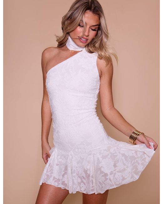 Public Desire Neck Scarf Textured Floral Mini Dress White