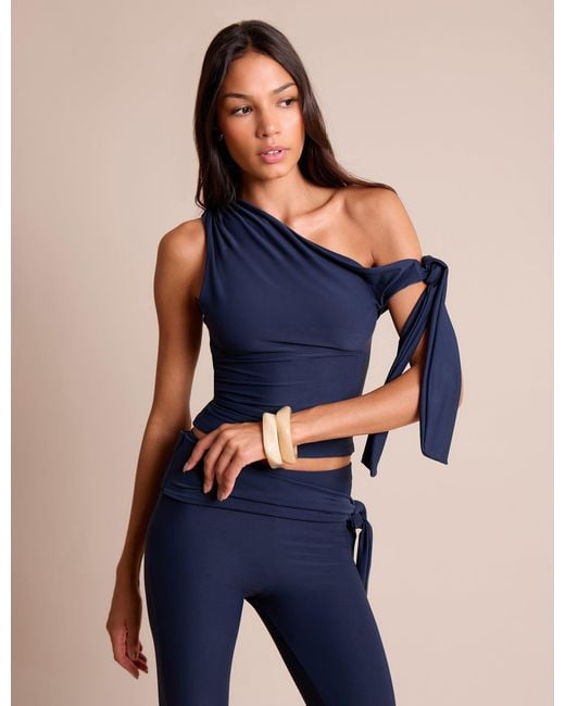 Public Desire Blue Knot Detail Asymmetric One Shoulder Luxe Slinky Top Navy