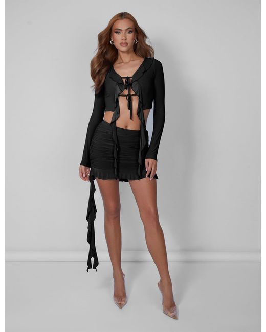 Public Desire Frill Detail Tie Front Cardigan Top Black