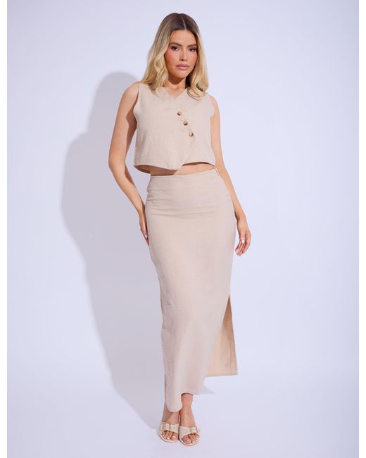 Public Desire Pink Linen Look Asymmetric Button Down Waistcoat Co-ord Beige