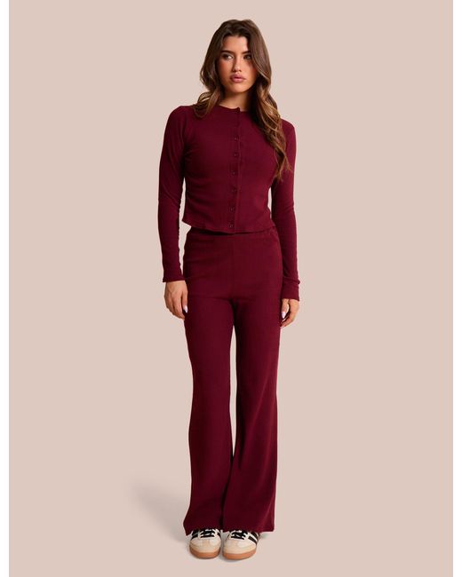 Public Desire Red High Waist Rib Wide Leg Trouser Burgundy