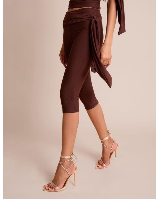 Public Desire Red Knot Detail Tie Side Luxe Slinky Capri Pants Chocolate