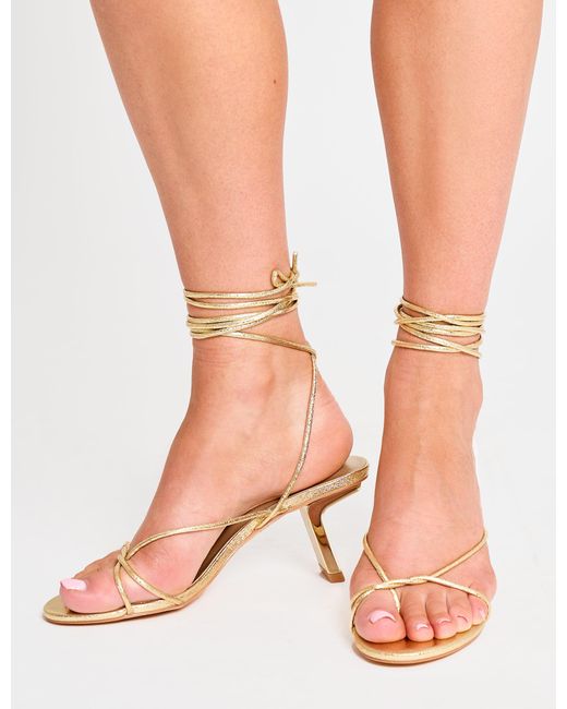 Public Desire Pink Birdie Gold Cracked Pu Lace Up Mid Heels