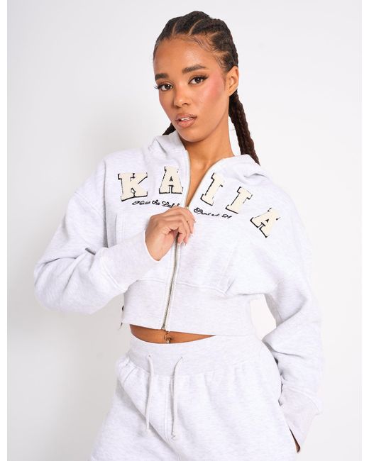 Public Desire Kaiia Slogan Cropped Zip Up Hoodie Light Grey Marl & White