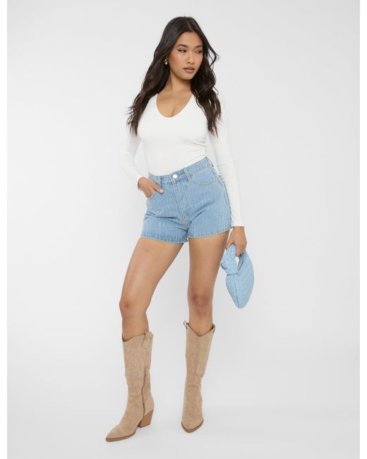 Public Desire High Waist Diamante Embellished Shorts Light Blue