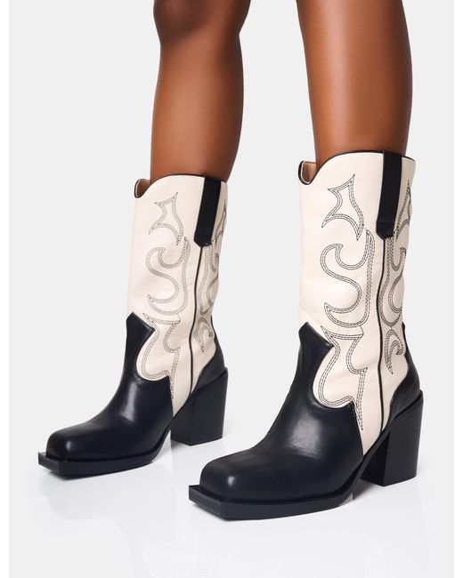 Public Desire White Texas Wide Fit Black And Ecru Western Block Heel Ankle Boots