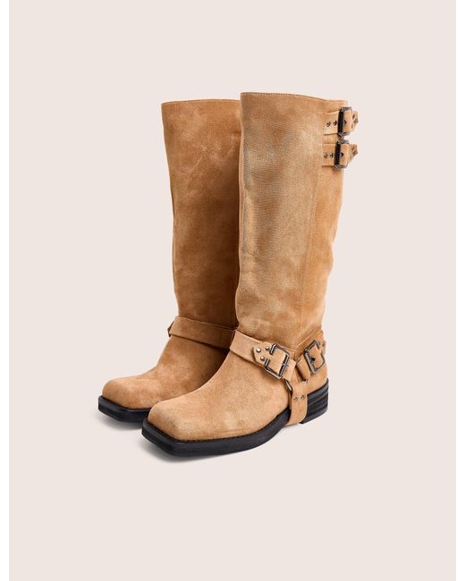 Public Desire Natural Rooftop Taupe Faux Suede Vintage Knee High Biker Boots