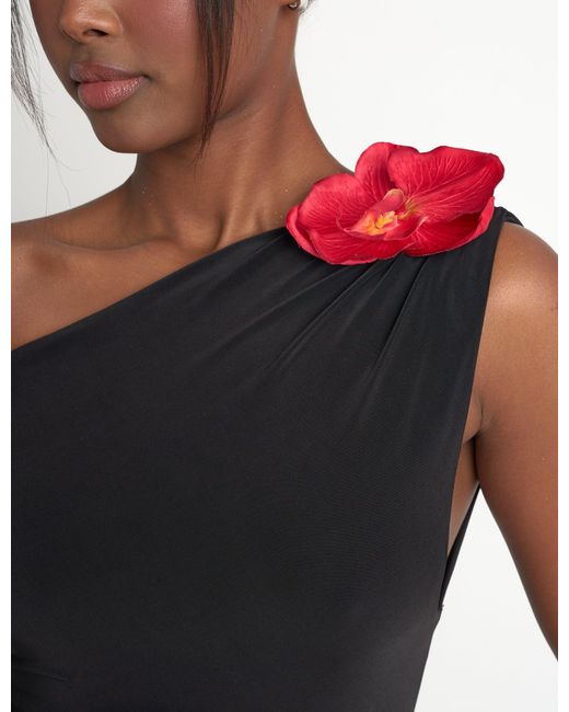 Public Desire Blue Flower Trim Dropped Shoulder Luxe Slinky Maxi Dress Black