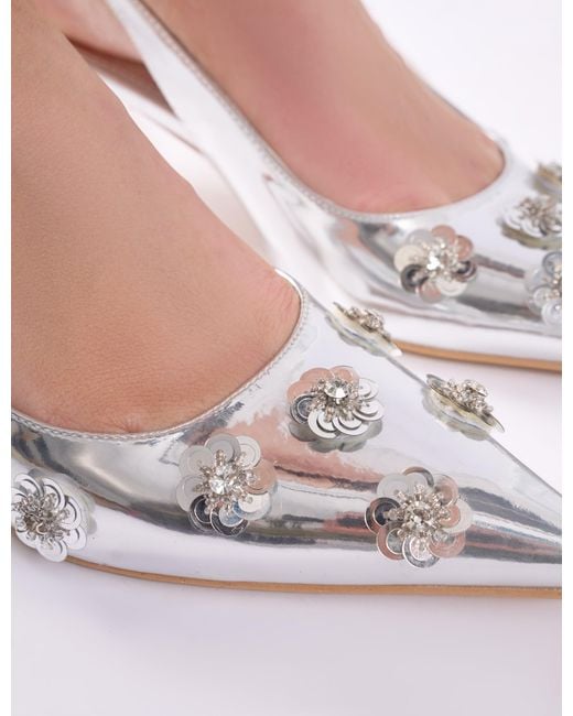 Public Desire White Kyle Silver Floral Embellishment Silver Mirror Slingback Kitten Heel Court Shoes
