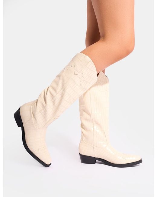 Public Desire White Apollo Cream Stitch Flat Western Knee High Boots