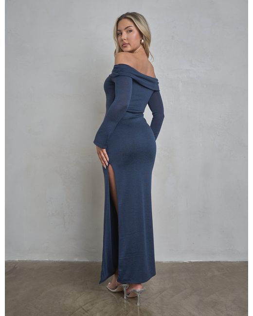 Public Desire Blue Long Sleeve Off The Shoulder Bardot Maxi Dress Navy