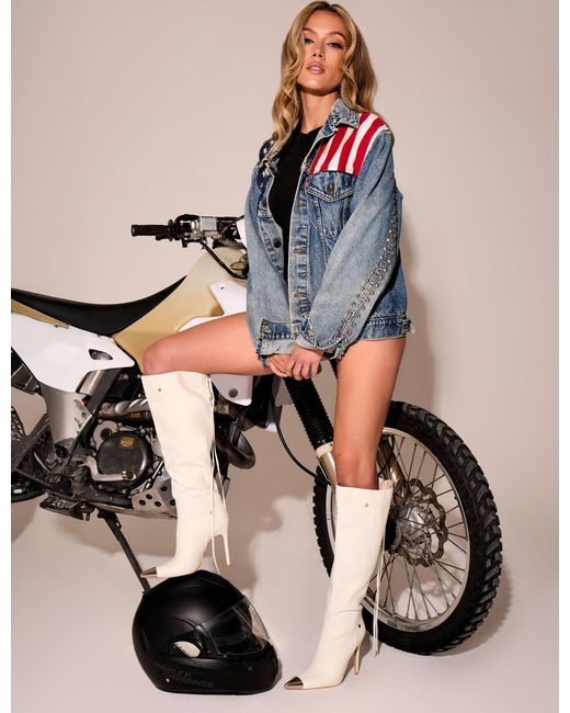 Public Desire Natural Finest White Toe Cap Detail Pointed Knee High Boots
