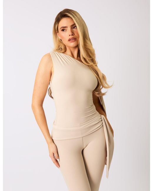 Public Desire Natural Knot Detail Asymmetric One Shoulder Luxe Slinky Top Stone