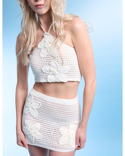 Public Desire Blue Floral Embroidered Crochet Mini Skirt Co Ord Ivory