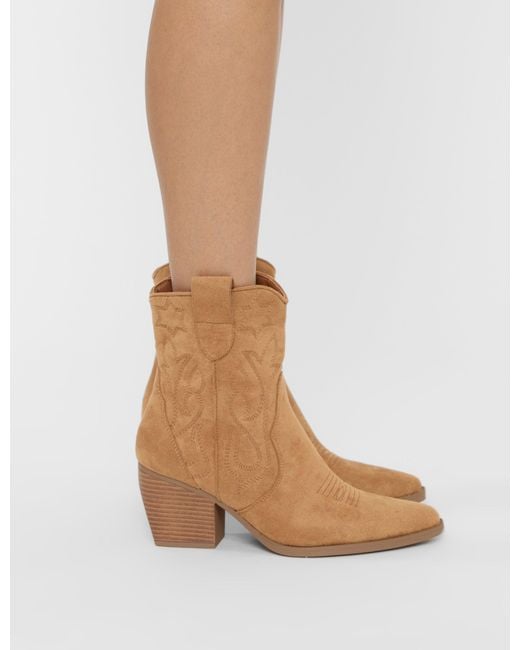 Public Desire White Wild West Tan Suedette Western Cowboy Low Ankle Boots
