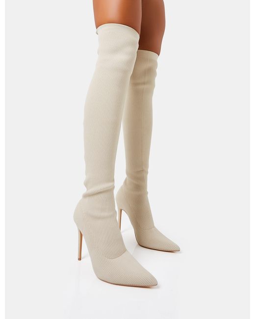 Public Desire Chateau Off White Knitted Sock Stiletto Over The Knee Pointed Toe Boots