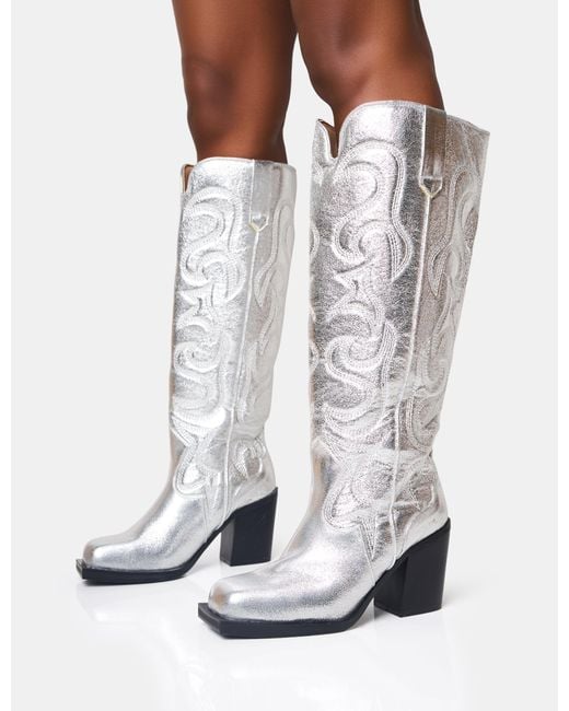 Public Desire White Austine Wide Fit Silver Western Block Heel Knee High Boots