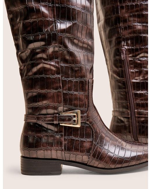 Public Desire Mackie Brown Croc Buckle Detail Knee High Riding Boot