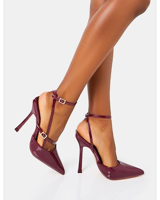 Public Desire Pink Idol Burgundy Patent Buckle Strappy Detail Stiletto Court High Heels