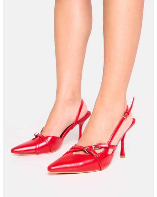 Public Desire Smooch Red Buckle Detail Slingback Mid Heel Court Shoe