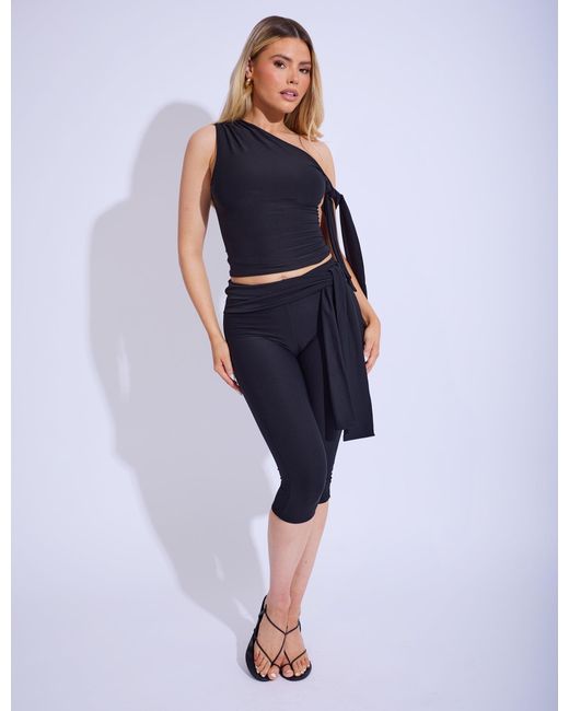 Public Desire Blue Knot Detail Asymmetric One Shoulder Luxe Slinky Top Black