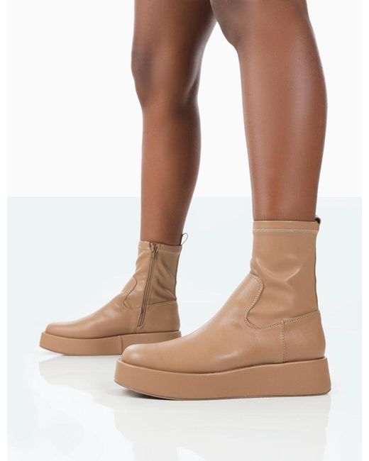 Public Desire Natural Not Okay Nude Pu Chunky Sole Platform Sock Ankle Boots