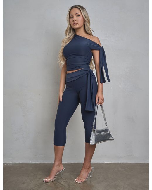 Public Desire Blue Knot Detail Tie Side Luxe Slinky Capri Pants Navy