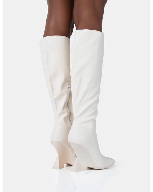 Public Desire White Vanessa Ecru Pu Inverted Wedge Square Toe Heeled Knee High Boots