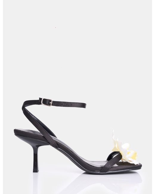Public Desire Nara Black Satin White Orchid Flower Square Toe Stiletto Mid Heels